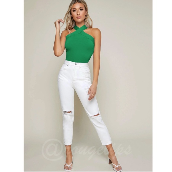 Green Halter Tank Top Criss Cross Slim Fit Stretchy - Picture 5 of 7